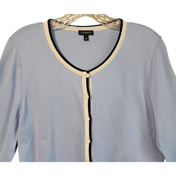 TALBOTS Women M Charming Cardigan Sweater Button Up Blue White 3/4 Sleeve 38" - Picture 2 of 7